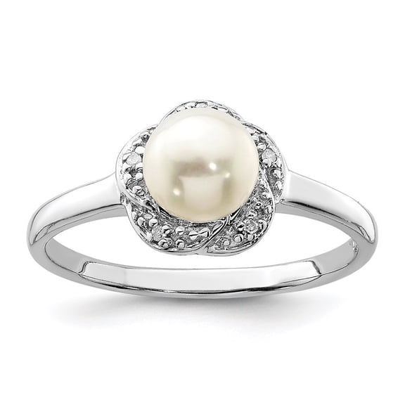 Diamond2Deal 925 Sterling Silver Button Pearl and Diamond Ring Size 6 for Women