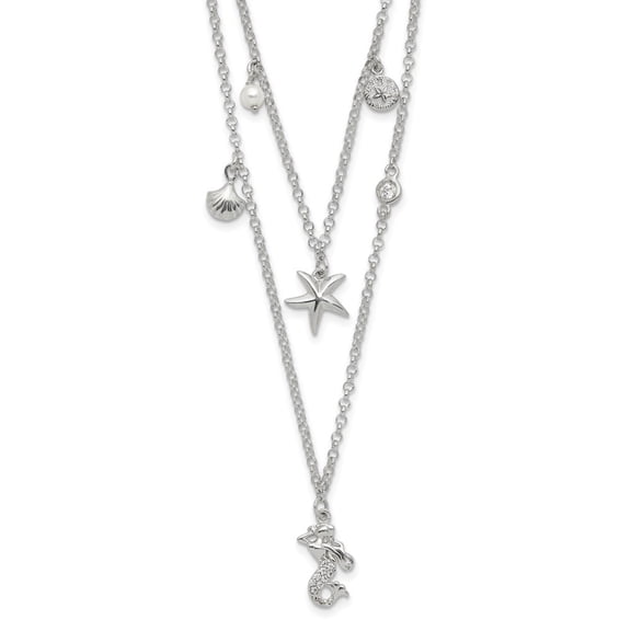Diamond2Deal 925 Sterling Silver CZ 7 Imitation Pearl Beach Theme 2-Strand Necklace for Women 16"