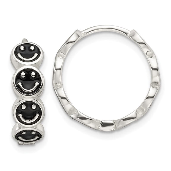 Diamond2Deal 925 Sterling Silver E-Coat Black Enamel Smiley Face Hinged Hoop Earrings for Women (L- 0.68 inch, W- 0.21 inch)