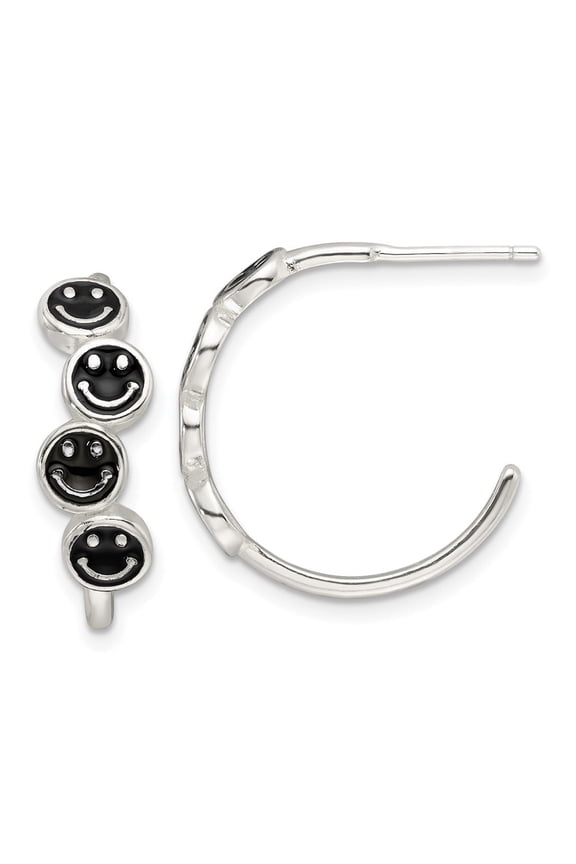 Diamond2Deal 925 Sterling Silver E-Coating Black Enamel Smiley Face Post Hoop Earrings for Women (L- 0.76 inch, W- 0.26 inch)