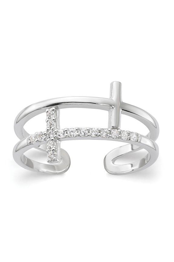 925 Sterling Silver E-coated Cubic Zirconia Cross Open Back Ring for Women Size- 7
