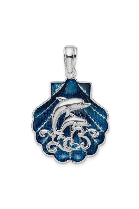 925 Sterling Silver Enameled Blue Shell with Dolphins Pendant for Women (L- 1.43 in)