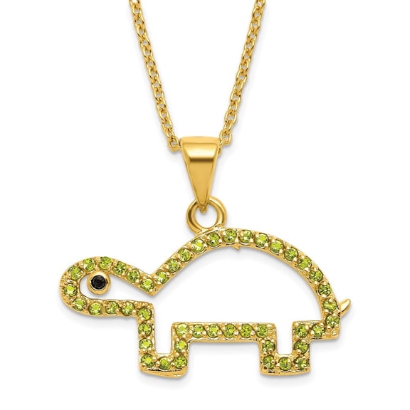 Diamond2Deal 925 Sterling Silver GOLD PLATE SIMULATED PERIDOT AND BLACK CZ TURTLE 16+2 Necklace for Women 18"