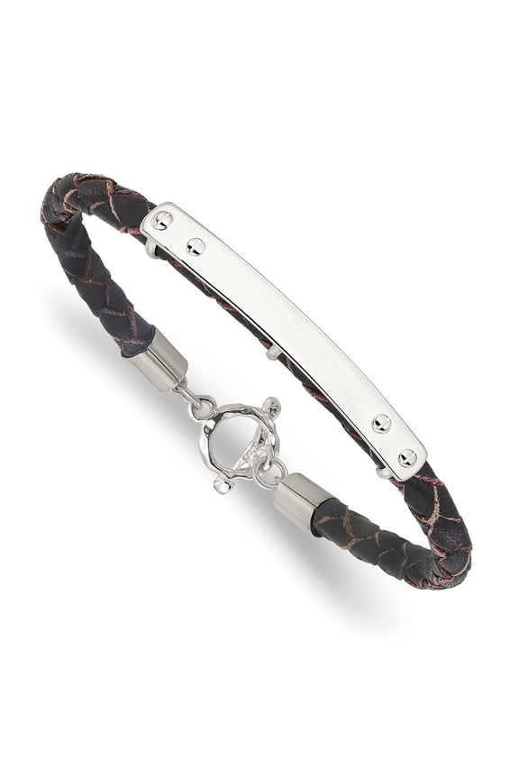 Diamond2Deal 925 Sterling Silver Genuine Leather ID Toggle Bracelet for Men 8"