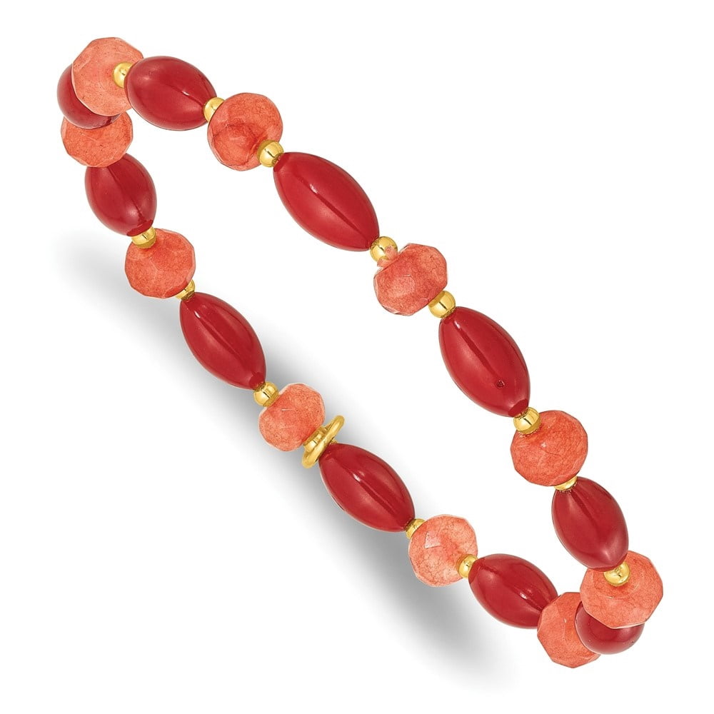 Diamond2Deal 925 Sterling Silver Gold-Plated Coral and Jade Beaded Stretch Bracelet for Women