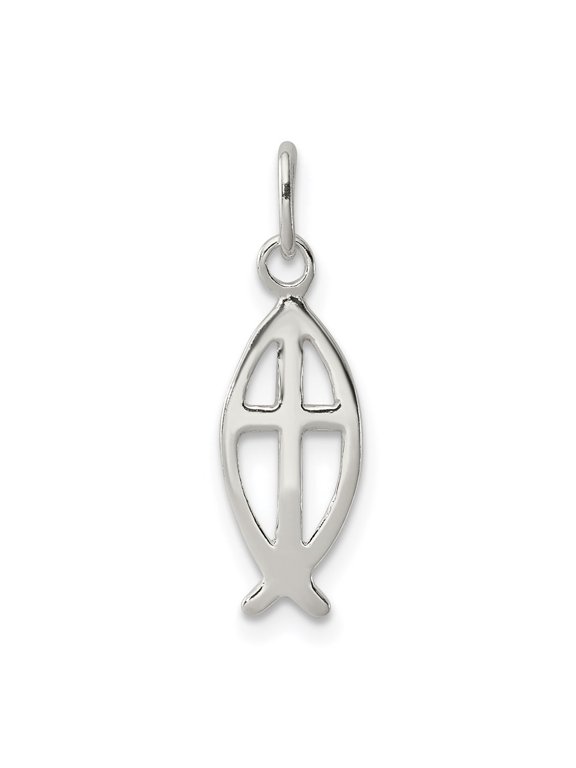 925 Sterling Silver Ichthus Fish Cross Charm Pendant for Women (L- 0.71 in, W-0.24 in)