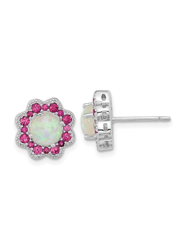 925 Sterling Silver Lab Created Opal and Red Nano Crystal Flower Post Earrings for Women