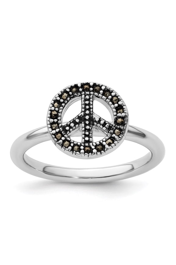925 Sterling Silver Marcasite Peace Sign Ring for Women Size- 6