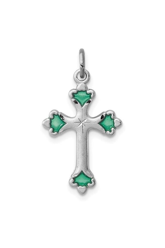 925 Sterling Silver Platinum-Plated Green Enameled Budded Cross Charm Pendant for Women
