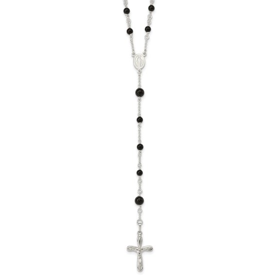 Diamond2Deal 925 Sterling Silver Polished Black Onyx Rosary Necklace for Women 33"