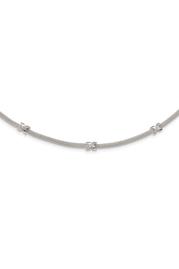 Diamond2Deal 925 Sterling Silver Polished CZ Xs with 2" ext. Necklace for Women 17.5"