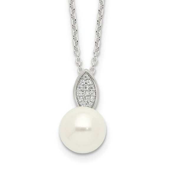 Diamond2Deal 925 Sterling Silver Polished CZ and Simulated Pearl Necklace for Women 18"