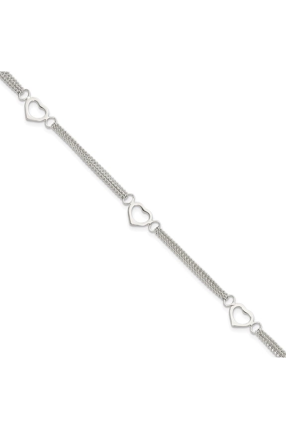 925 Sterling Silver Polished Multi-strand Heart Bracelet for Women 7"