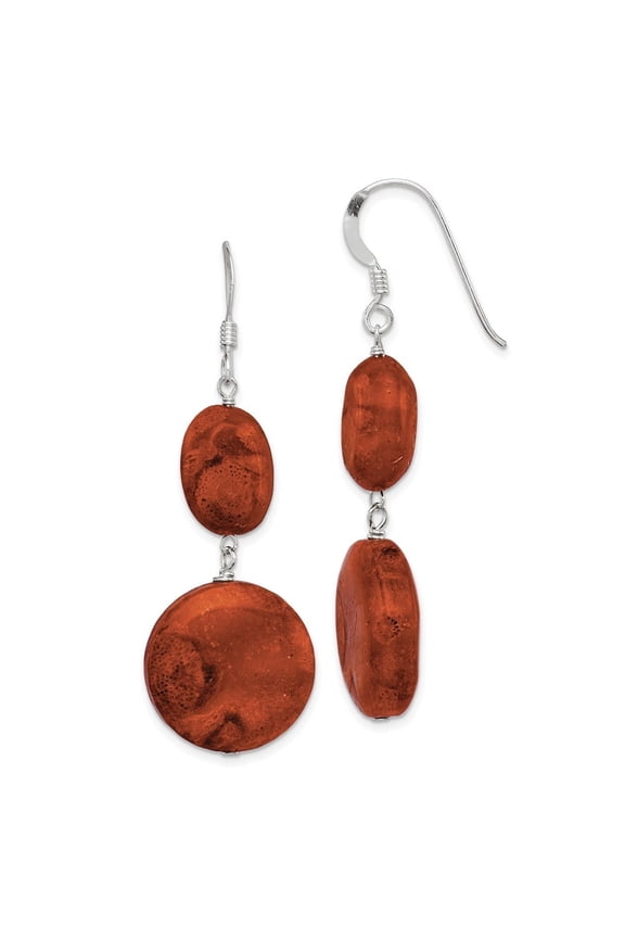 Diamond2Deal 925 Sterling Silver Polished Round and Oval Recon. Red Coral Dangle Earrings for Women (L- 1.97 inch, W- 0.6 inch)