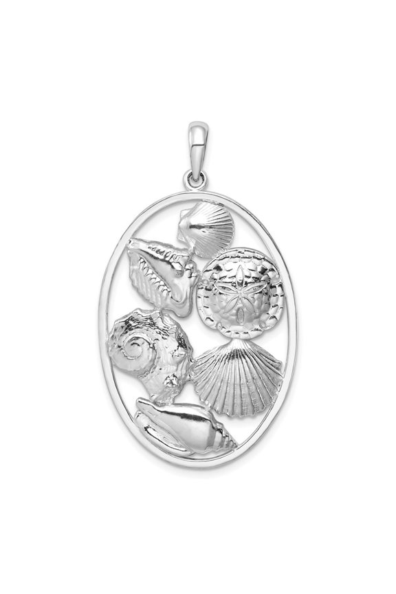 925 Sterling Silver Polished Shells Oval Pendant for Women (Length - 47.7mm)