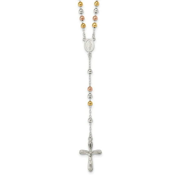 Diamond2Deal 925 Sterling Silver Polished White Rose and Yellow Bead Rosary Necklace for Women 18"