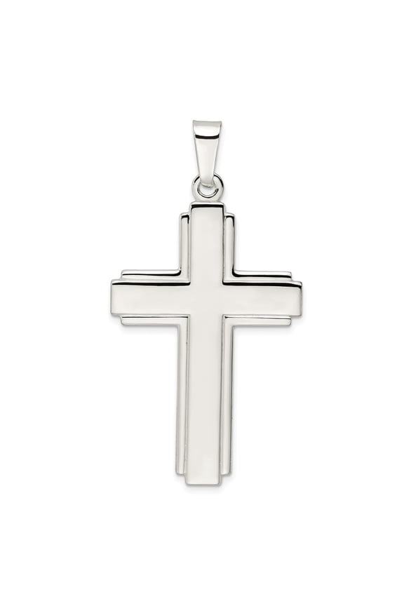925 Sterling Silver Polished w/Edge Lines Large Latin Cross Pendant (L-56.7 mm, W-30.07 mm)