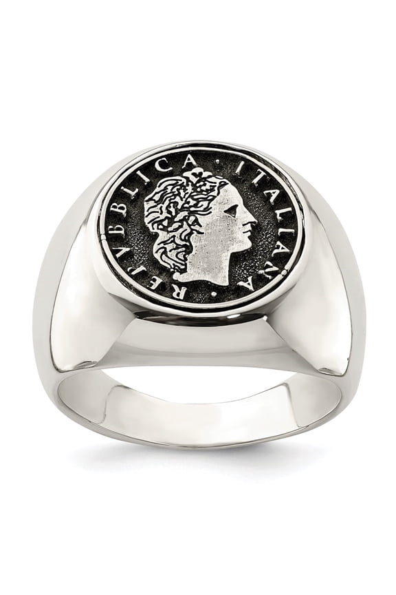 925 Sterling Silver Polished with Antiqued Replica 50 Lire Italian Coin Ring for Women Size- 9