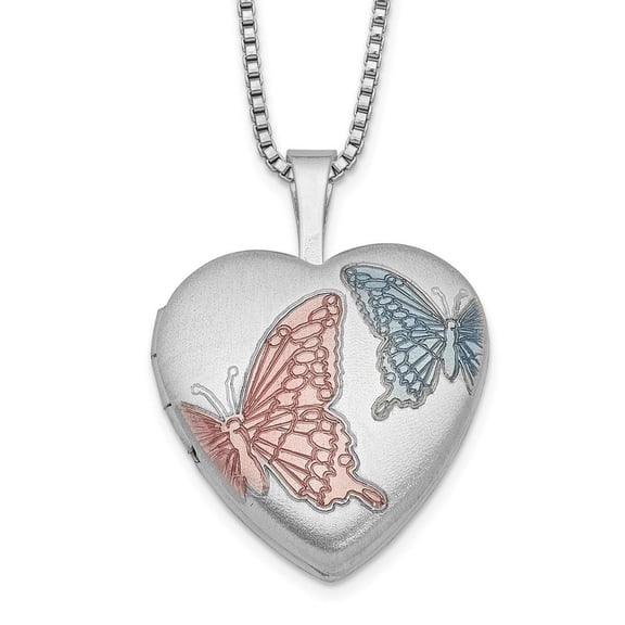 Diamond2Deal 925 Sterling Silver RH-plated 16 mm Satin Enamel Butterfly Heart Locket Necklace for Women 18"