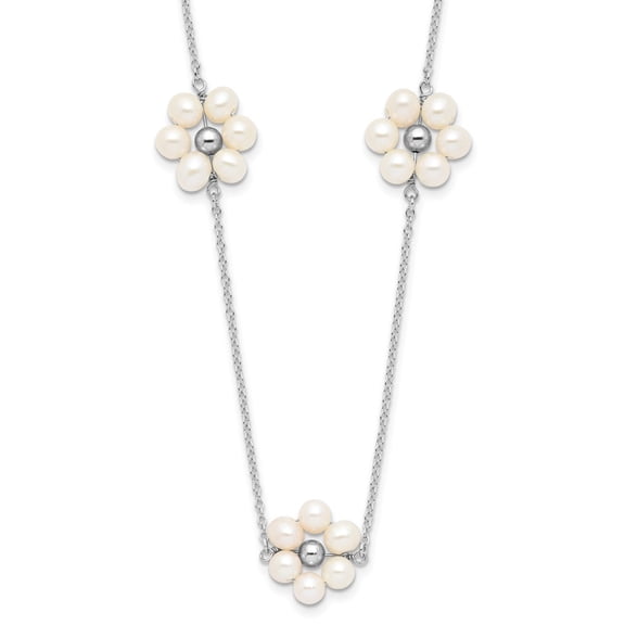 Diamond2Deal 925 Sterling Silver RH-plated 4-5 mm Freshwater Cultured Pearl Flower w/1.75in ext. Necklace for Women 18.75"