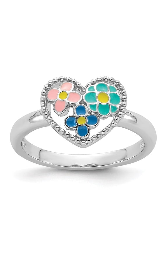925 Sterling Silver RH-plated Beaded & Enameled Floral Heart Ring for Women Size- 3