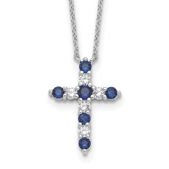 Diamond2Deal 925 Sterling Silver RH-plated Dark Blue CZ Sept Birthstone Cross with 2" extender Necklace for Women 17"