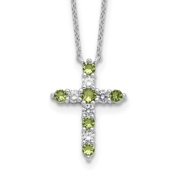 Diamond2Deal 925 Sterling Silver RH-plated Green CZ August Birthstone Cross with 2" extender Necklace for Women 17"