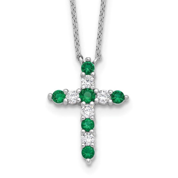 Diamond2Deal 925 Sterling Silver RH-plated Green CZ May Birthstone Cross with 2" extender Necklace for Women 17"