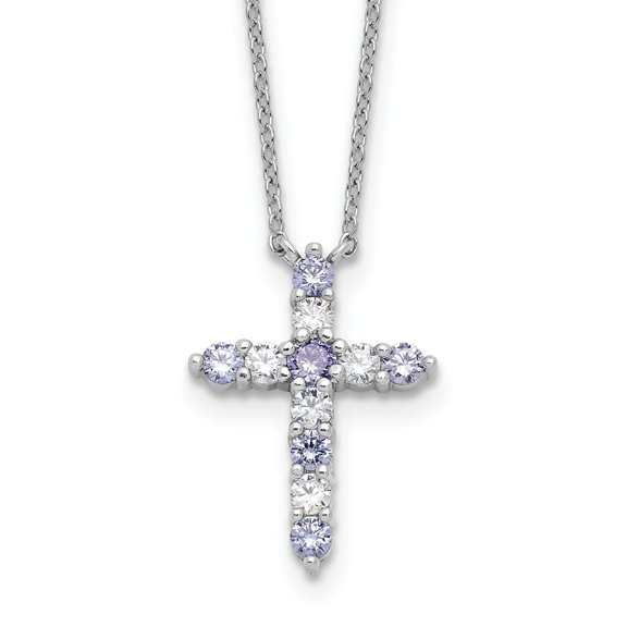 Diamond2Deal 925 Sterling Silver RH-plated Lt Purple CZ June Birthstone Cross with 2" extender Necklace for Women 17"