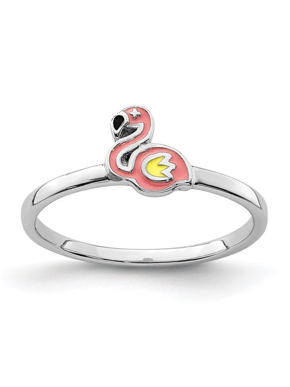 925 Sterling Silver RH-plated Multi-color Enameled Flamingo Ring for Women Size- 4