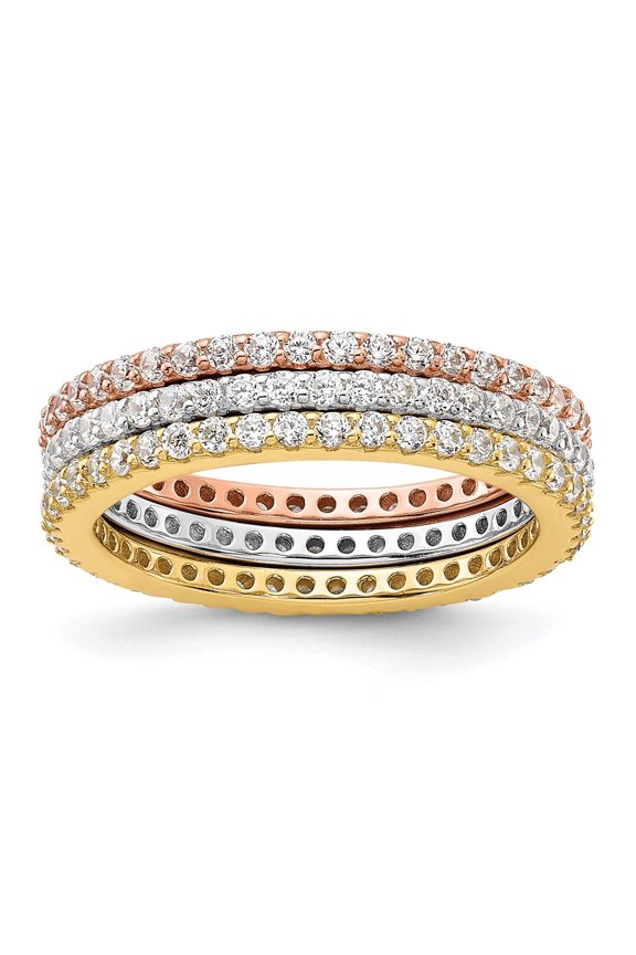 925 Sterling Silver Rh-plated Gold and Rose-tone CZ 3 Eternity Band Set for Women Size 6