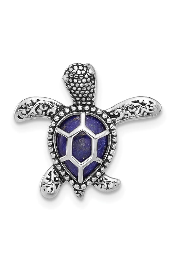 925 Sterling Silver Rh-plated Polished and Antiqued Lapis Turtle Chain Slide for Women (L-17.8 mm, W-19 mm)