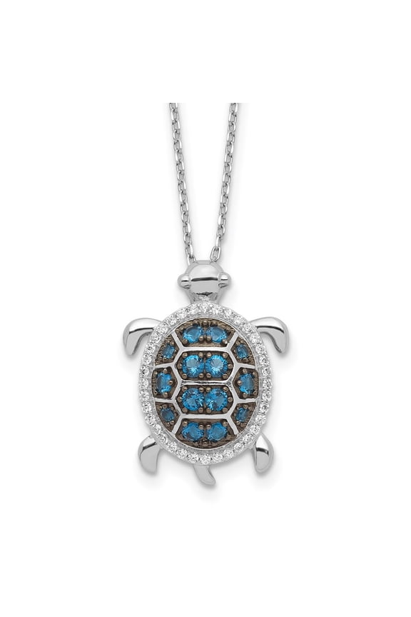 925 Sterling Silver Rh-plated and Black Rhodium CZ Turtle w/2in ext. Necklace for Women 18"