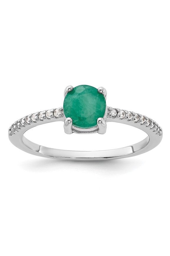 925 Sterling Silver Rh-plated-plated 1.0EM Emerald and .12WT White Topaz Ring for Women Size- 7