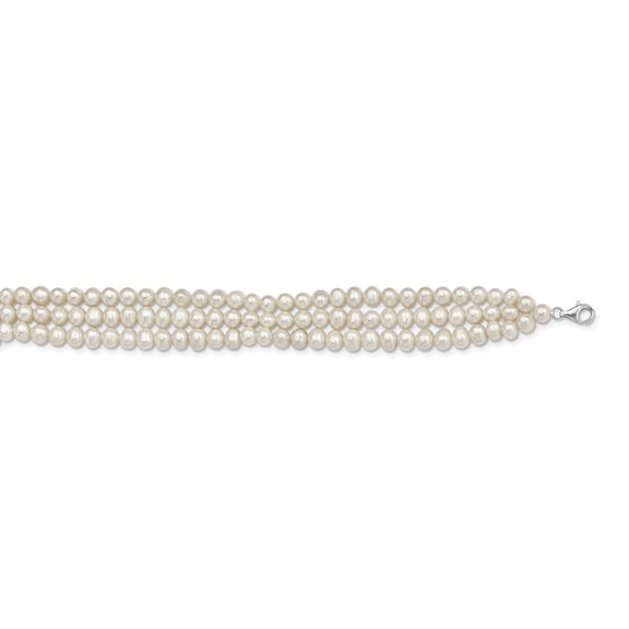 Diamond2Deal 925 Sterling Silver Rhd-plt 5-6 mm 3 rows Freshwater Cultured Pearl w/1.5in Choker Necklace for Women 15.5"