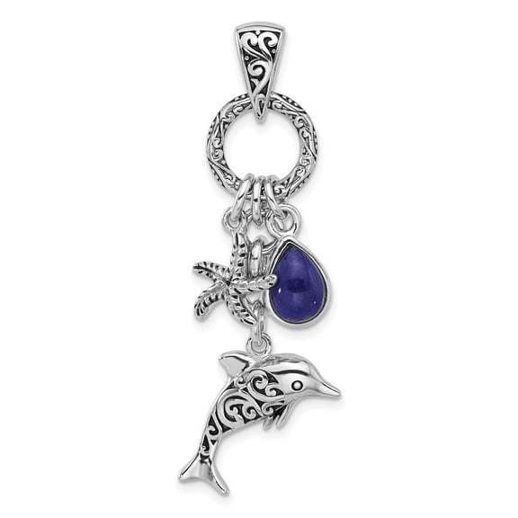 Diamond2Deal 925 Sterling Silver Rhod/Oxidized Lapis Lazuli Dolphin/Starfish Pendant for Women (L- 1.99 inch, W-0.47 inch)