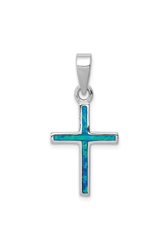 925 Sterling Silver Rhod-Plated Blue Inlay Created Opal Thin Cross Pendant for Women