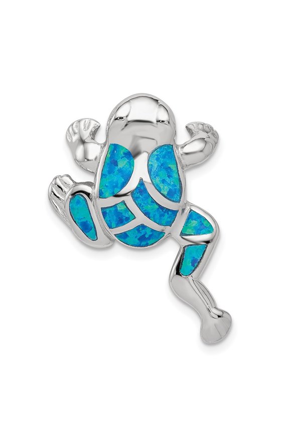 925 Sterling Silver Rhod-Plated Created Blue Opal Inlay Frog Slide Pendant for Women
