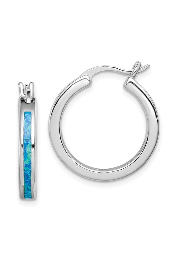 925 Sterling Silver Rhod-Plated Created Blue Opal Inlay Round Hoop Earrings for Women
