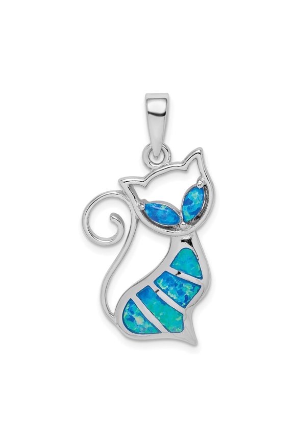 Mother's Day Gift 925 Sterling Silver Rhod-Plated Created Opal Cat Pendant for Women