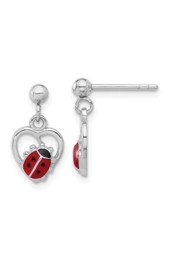 925 Sterling Silver Rhod-Plated Enameled Ladybug in Heart Post Dangle Earrings for Women (L- 0.61 inch, W- 0.33 inch)