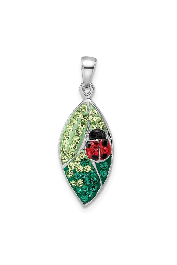 Diamond2Deal 925 Sterling Silver Rhod-Plated Preciosa Crystal Leaf with Ladybug Pendant for Women (L- 1.12 inch, W- 0.42 inch)