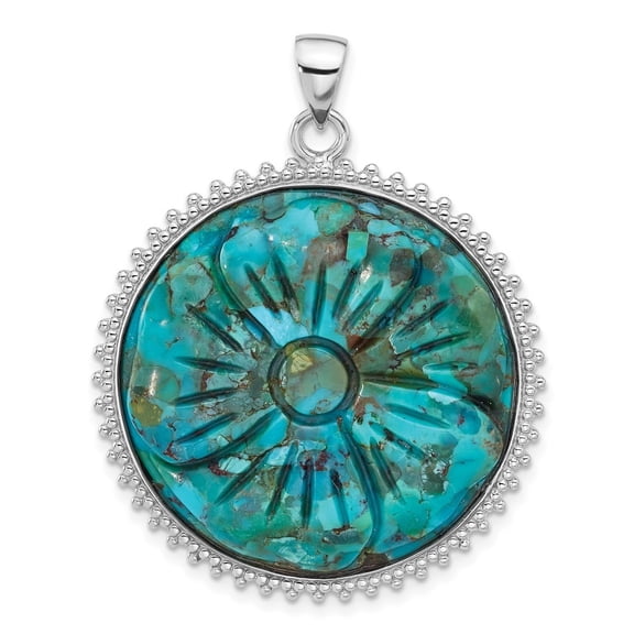 Diamond2Deal 925 Sterling Silver Rhod-Plated Reconstituted Turquoise Flower Pendant for Women (L- 1.5 inch, W- 1.36 inch)