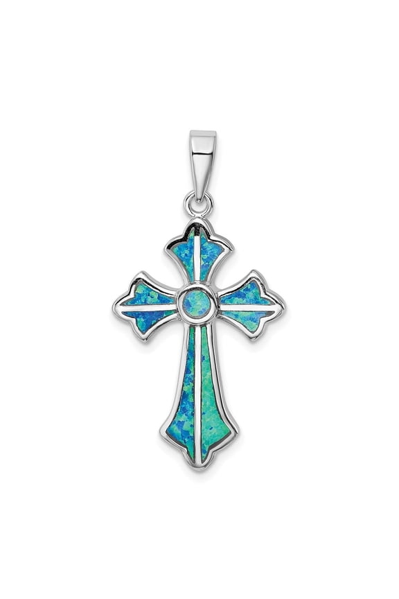 Diamond2Deal 925 Sterling Silver Rhod-plated Blue Inlay Created Opal Cross Pendant for Women (L- 1.58 inch, W- 0.8 inch)