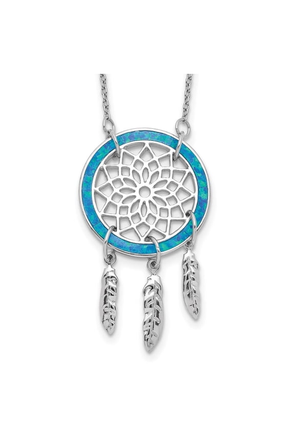 Diamond2Deal 925 Sterling Silver Rhod-pltd Created Opal Dreamcatcher with 2" ext. Chain Necklace for Women 15.5"