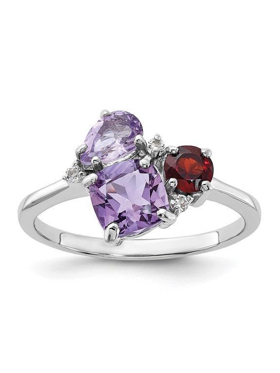 925 Sterling Silver Rhodium Amethyst Pk Quartz Garnet and White Topaz Ring for Women Size- 6