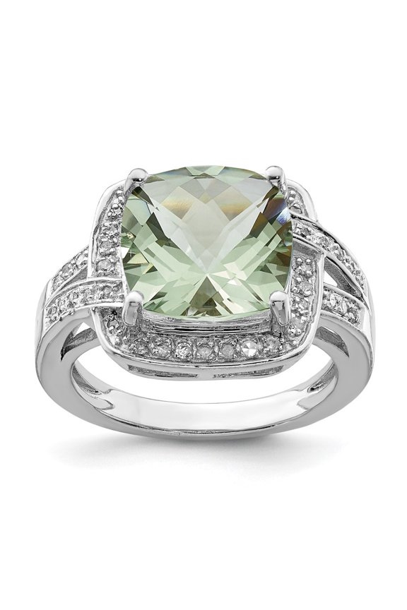 925 Sterling Silver Rhodium Checker-Cut Green Quartz & Diamond Ring for Women Size- 7