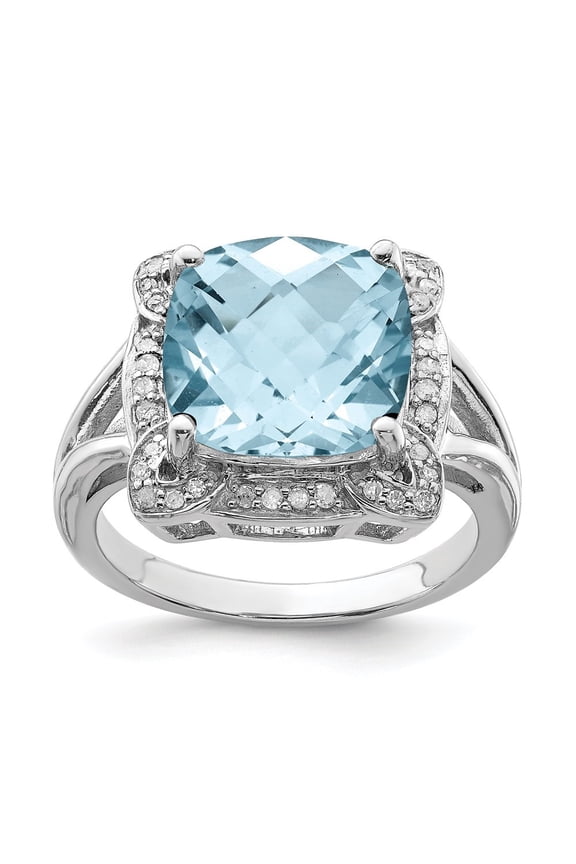 925 Sterling Silver Rhodium Checker-Cut Sky Blue Topaz & Diamond Ring for Women Size- 5