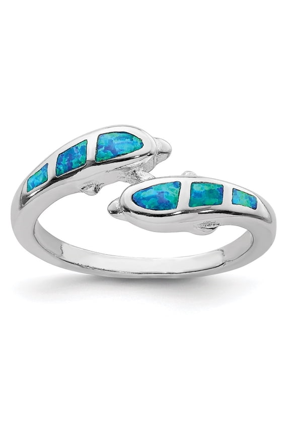 Sterling Silver Rhodium Created Blue Opal Dolphins Ring Size 8 for Women