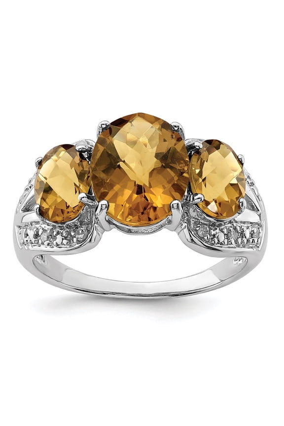 925 Sterling Silver Rhodium Oval Checker-Cut Whiskey Quartz & Diamond Ring for Women Size- 7